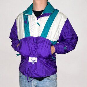 80s Vintage 1/4 Zip Retro Color Block Hooded Wind Breaker Jacket w/ Pockets M